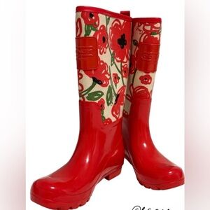 Coach Poppy Red Pearl Floral Rain Boots